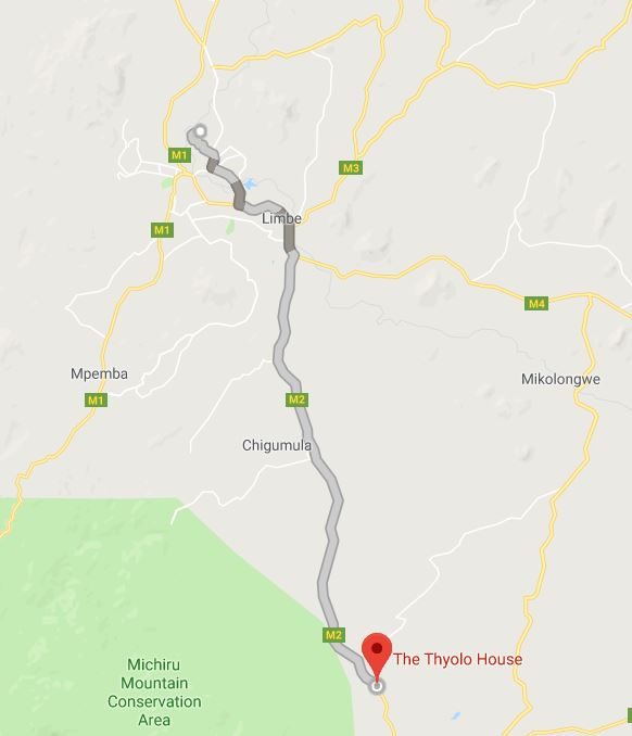 Map showing the route from Limbe to The Thyolo House