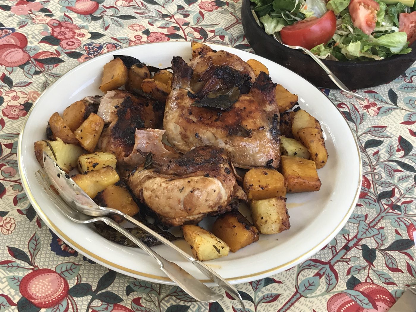 Grilled pork chops with roast potatoes and rosemary