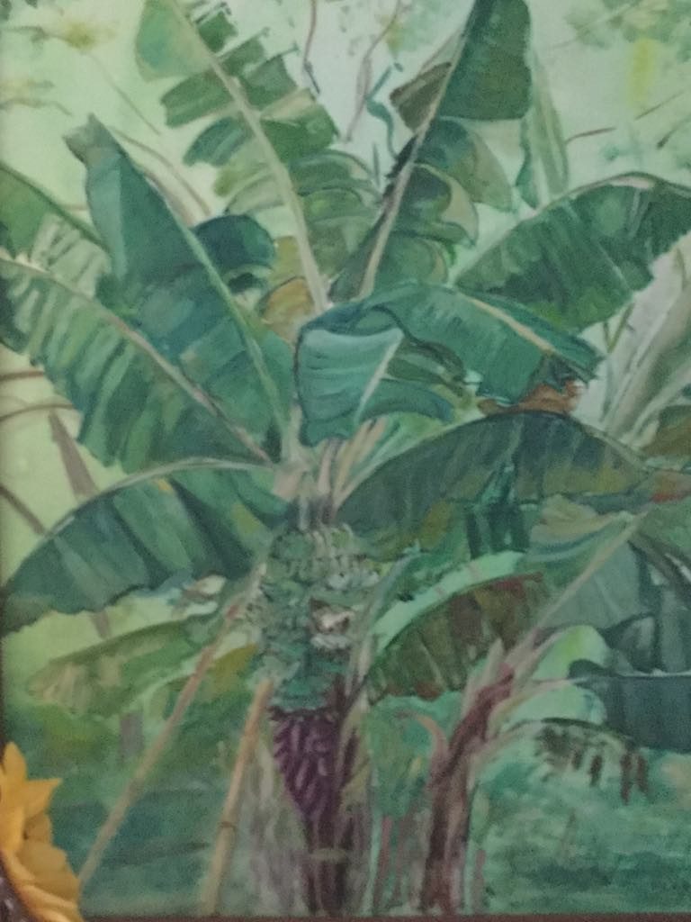 Oil painting of banana tree with lush green leaves