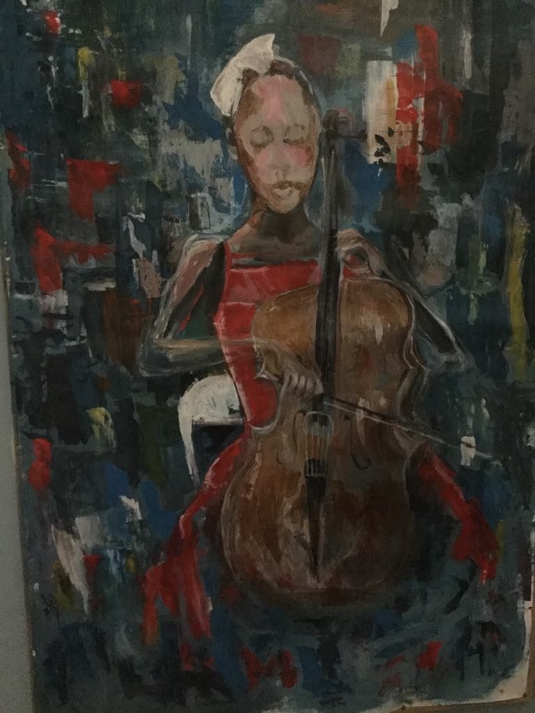 Dark-toned painting of woman playing cello