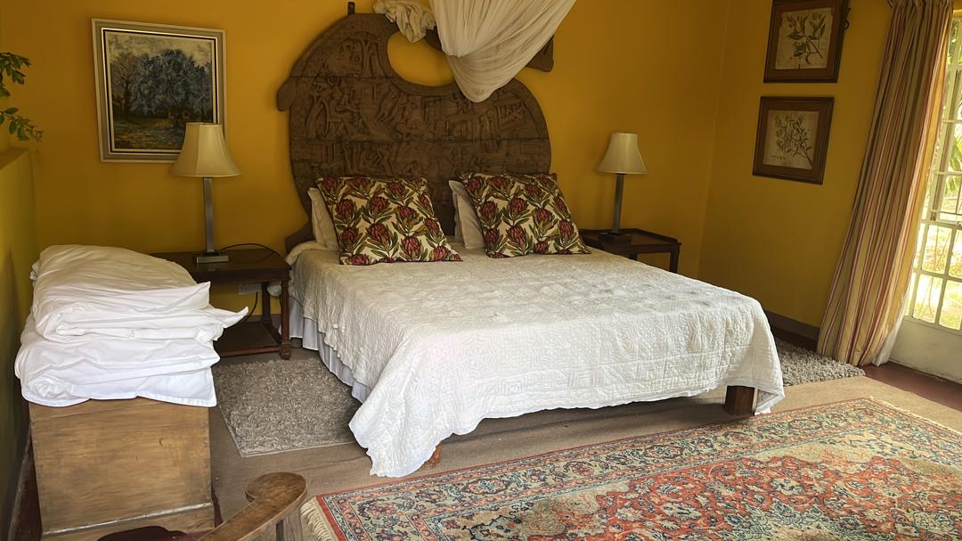 The Master Bedroom — hand-carved African headboard, ochre walls, protea cushions, Persian rug, and natural light through French doors
